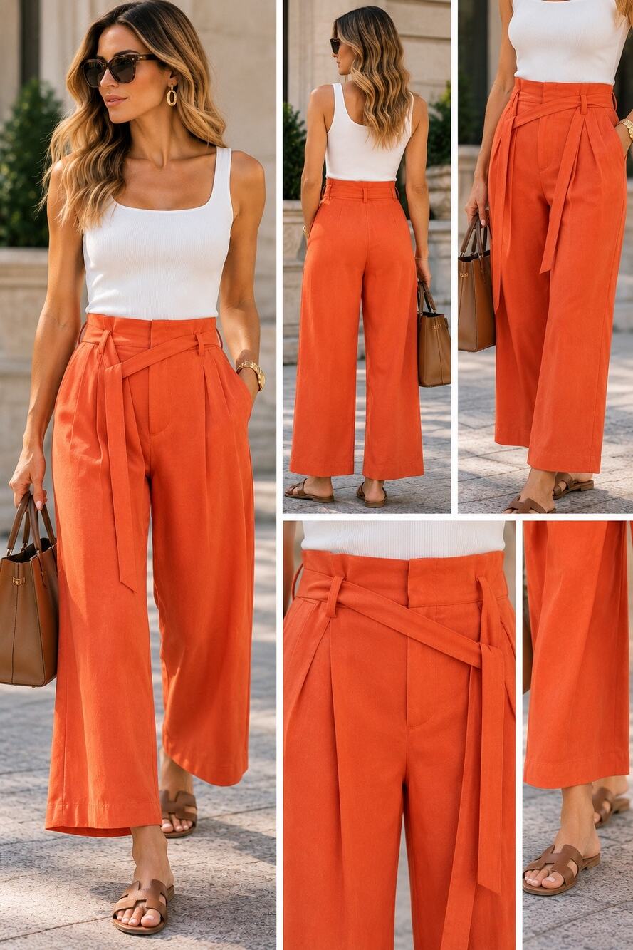 Alice + Olivia High Waisted Flat Front Paperback Trouser Pants Orange Womens 8